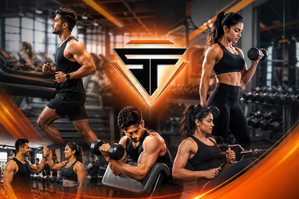 Modern unisex gym promotional image featuring fit men and women performing strength training and cardio exercises in a premium fitness center. The design showcases advanced gym equipment, a dynamic workout environment, and the Sturdy Fitness logo with vibrant orange accents, representing motivation, strength, health, and fitness transformation.