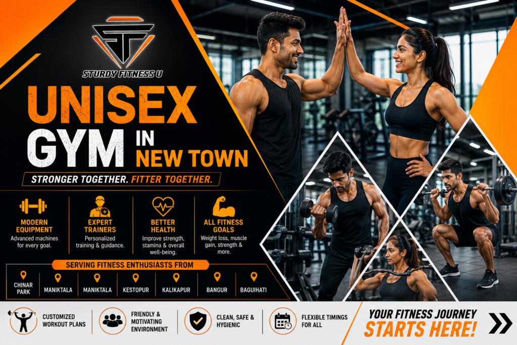 Modern unisex gym in New Town featuring trainers guiding members through squat, lunge, and cardio workouts under a Sturdy Fitness U logo