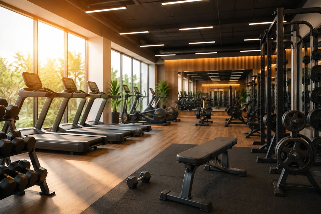 Modern unisex Gym in kestopur promotional image featuring fit men and women performing strength and cardio workouts inside a premium fitness center with advanced equipment and an energetic atmosphere.