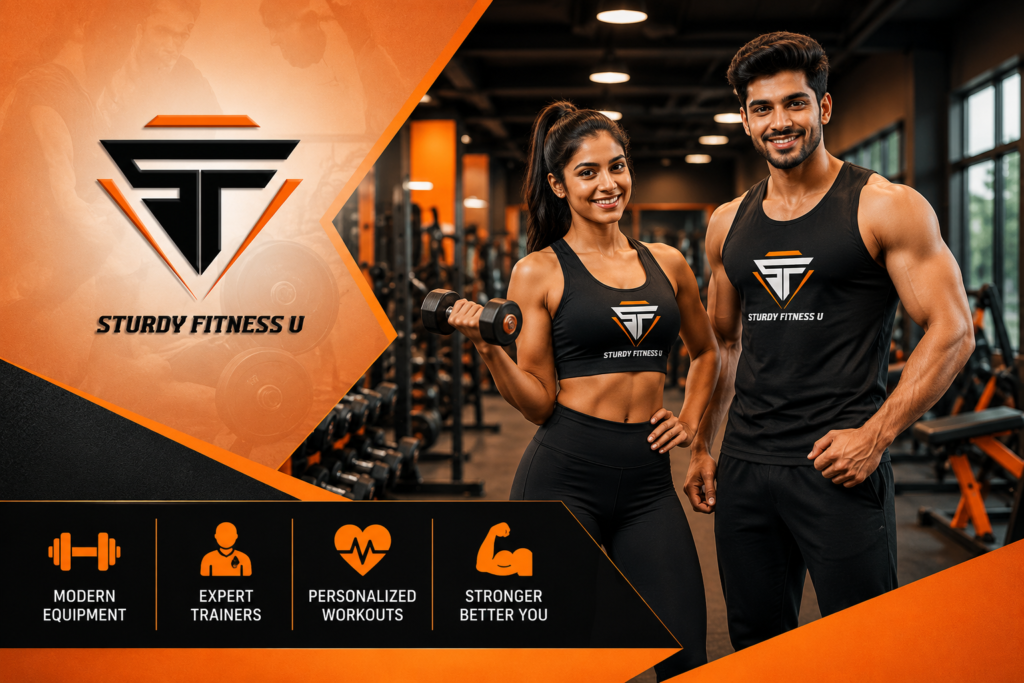 Professional fitness promotional image featuring a confident woman performing strength training in a modern gym with advanced workout equipment and the Sturdy Fitness logo, representing a trusted Women GYM in Chinarpark focused on strength, wellness, and an active lifestyle.
