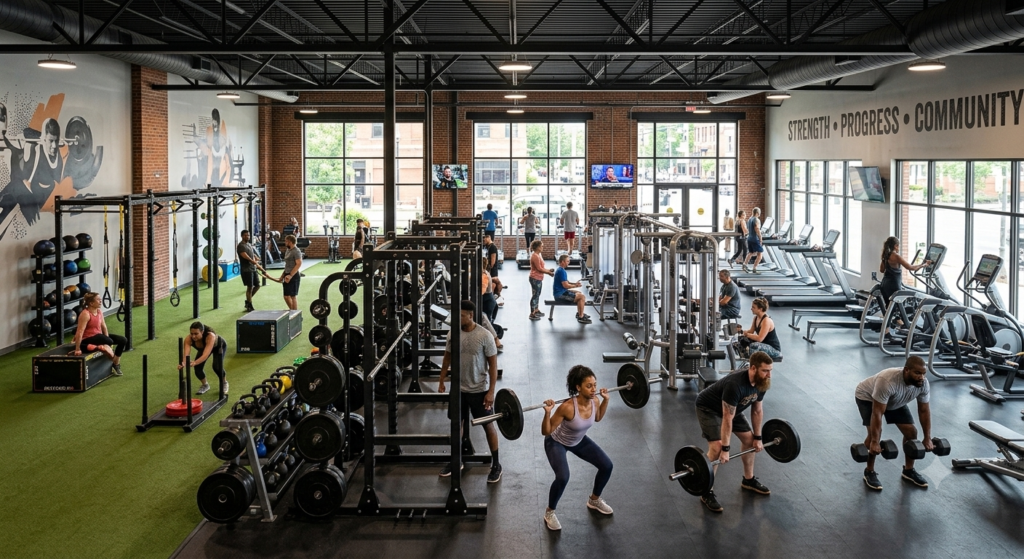 An industrial-style fitness center featuring exposed ceilings, brick walls, and a large wall mural with the words "STRENGTH • PROGRESS • COMMUNITY". The gym floor is filled with diverse individuals engaged in various activities: a turf area on the left for sled pushes and functional training, a central weightlifting section with squat racks, dumbbells, and barbells, and a row of cardio equipment like treadmills and ellipticals facing windows in the background.