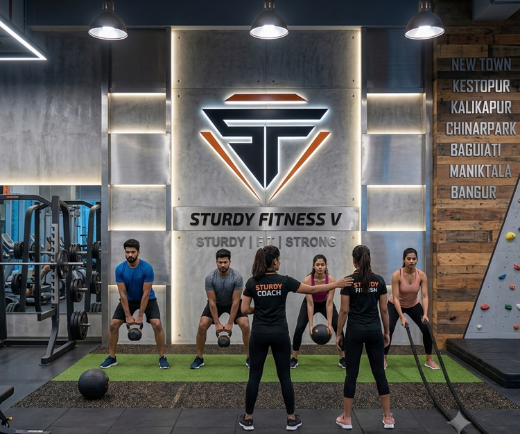 Four members and two trainers performing synchronous kettlebell squats and functional training on a green turf area in a Sturdy Fitness gym.