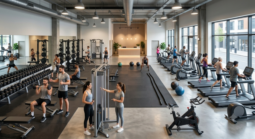 A spacious and brightly lit modern unisex gym interior with large floor-to-ceiling windows. The facility features a variety of workout areas, including a rows of treadmills and stationary bikes on the right, a central turf zone with battle ropes, and a strength training area on the left equipped with cable machines, weight benches, and dumbbells. Diverse members are seen exercising, while a receptionist stands at a clean wood-paneled desk in the background.
