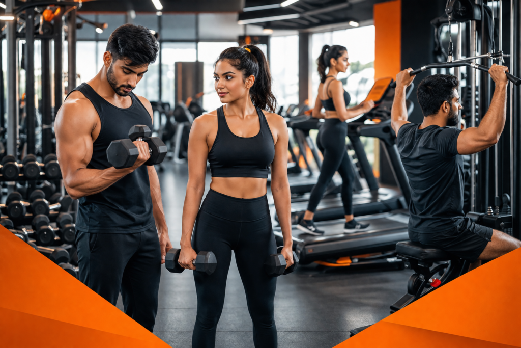 Professional gym-themed image showing confident men and women exercising in a spacious fitness center with advanced workout equipment and a clean modern design, highlighting the Best GYM in Baguiati.
