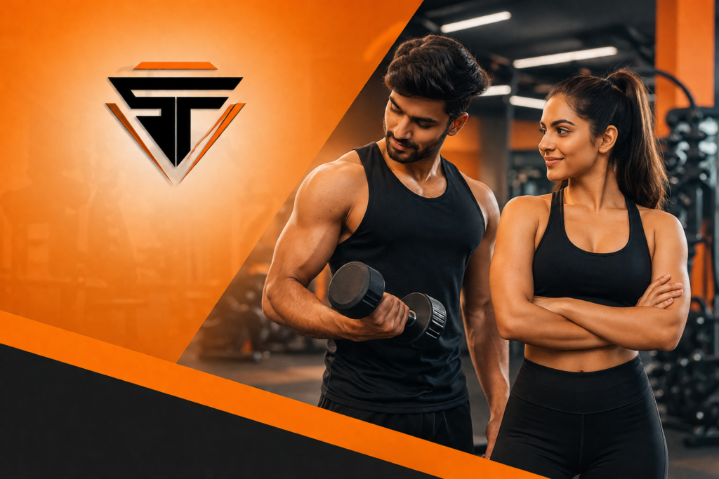 Modern fitness promotional image featuring a muscular man and a fit woman training inside a premium gym with strength equipment, warm orange accents, and the Sturdy Fitness logo, representing the Best GYM in Baguiati.