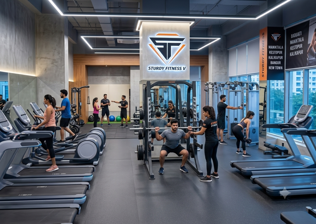 A busy modern gym in New Town with members using treadmills and a squat rack, featuring a large illuminated Sturdy Fitness V logo on the wall.