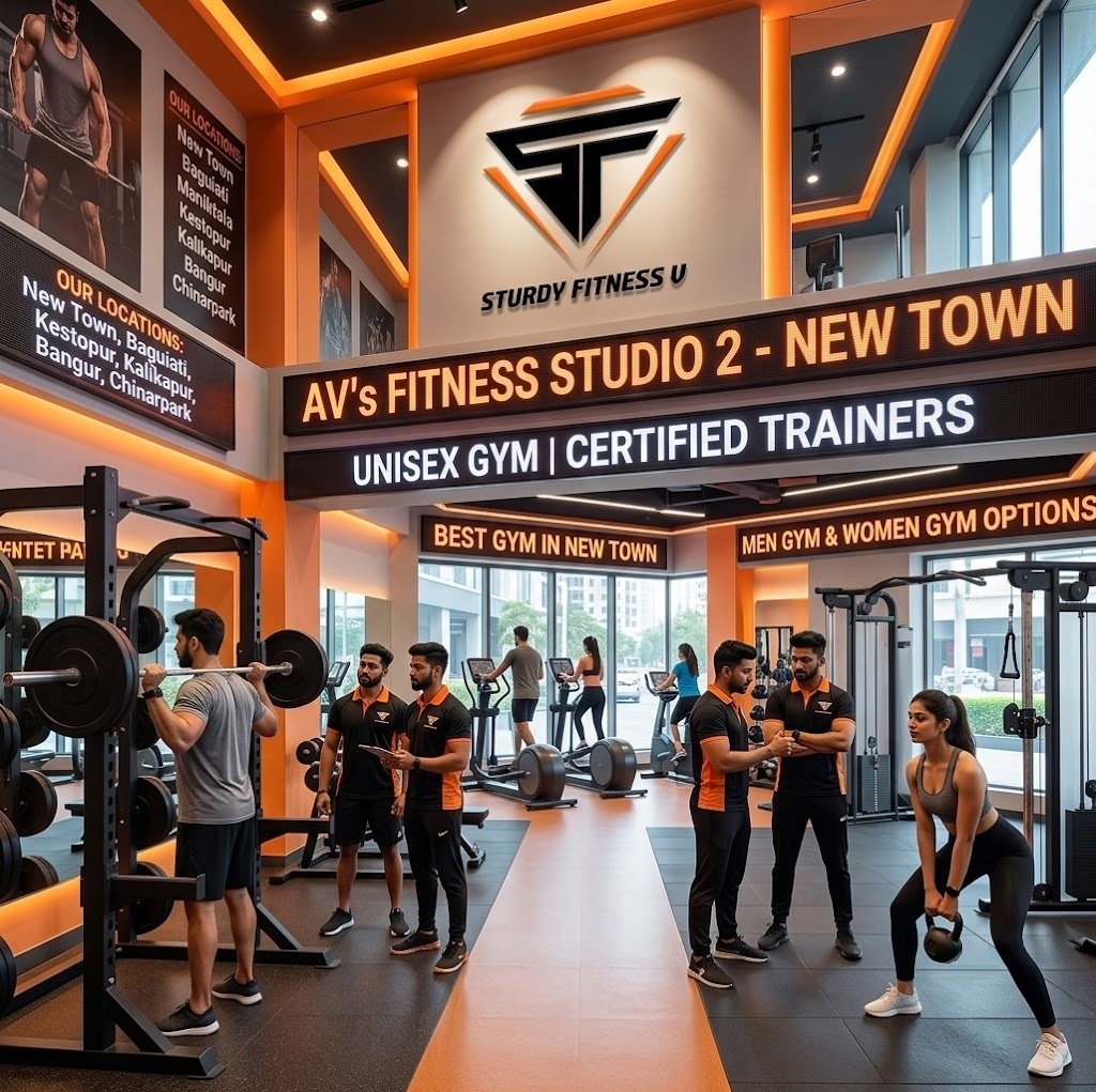 AV's Fitness Studio 2: Modern unisex gym in New Town with varied equipment, trainers, and multiple Kolkata locations.
