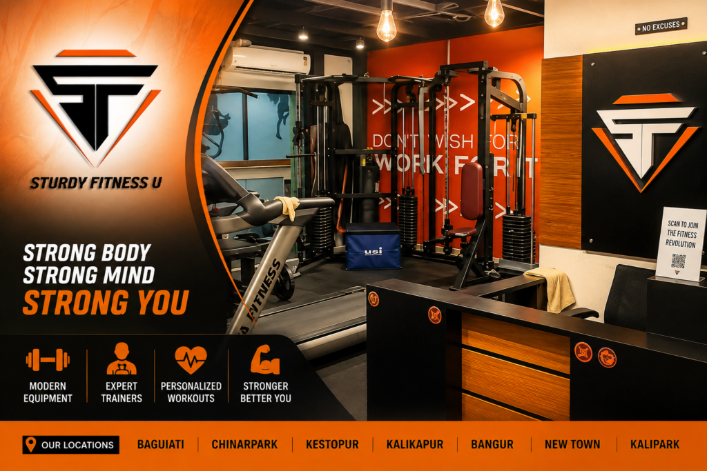 Modern gym interior with cardio and strength equipment, representing a professional Men GYM in Maniktala for strength and fitness training.