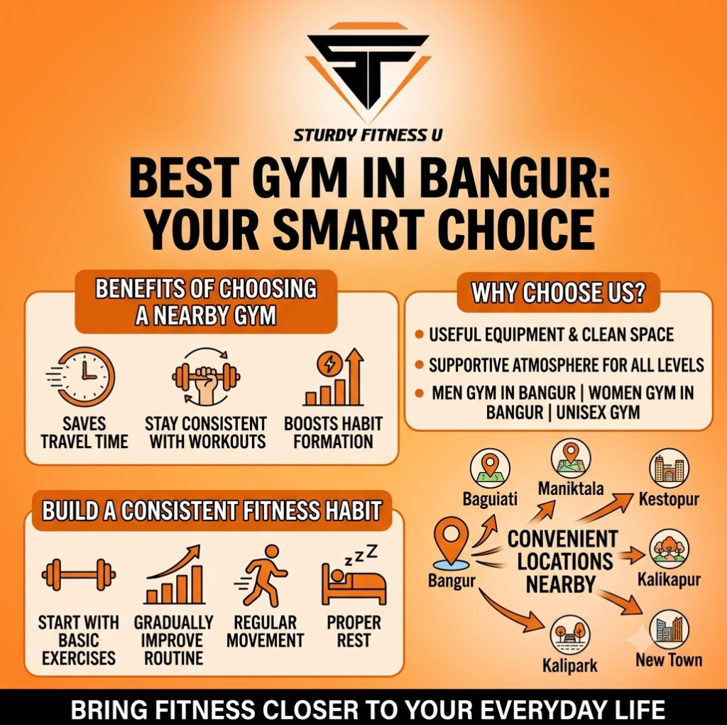 An infographic titled "Best GYM in Bangur: Your Smart Choice" featuring Sturdy Fitness U logo, key workout benefits, habit-building tips, and nearby location connections like Baguiati and New Town.