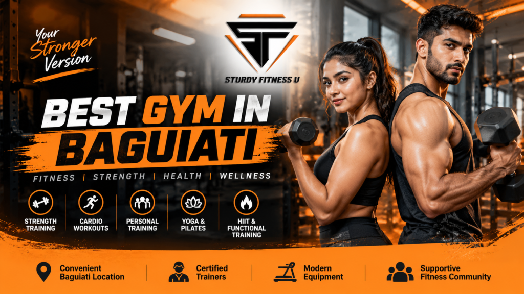 Best GYM in Baguiati – Sturdy Fitness U featuring strength training, cardio workouts, personal training, yoga, and modern gym equipment.
