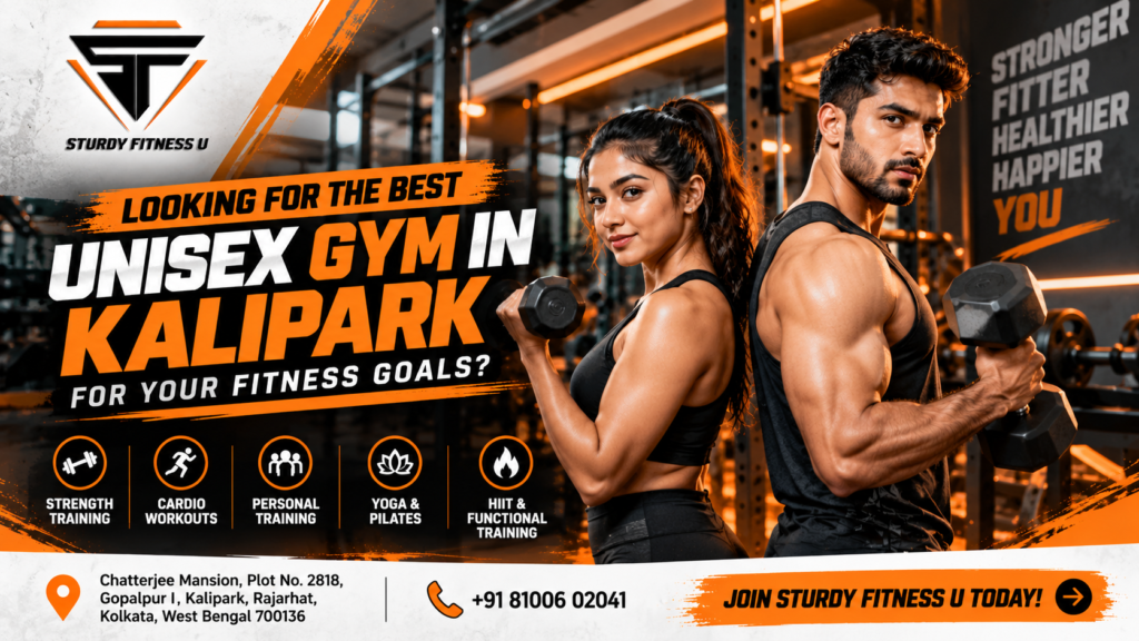 Unisex Gym in Kalipark – Sturdy Fitness U featuring male and female fitness models, strength training, cardio workouts, personal training, yoga, Pilates, HIIT, and functional training.