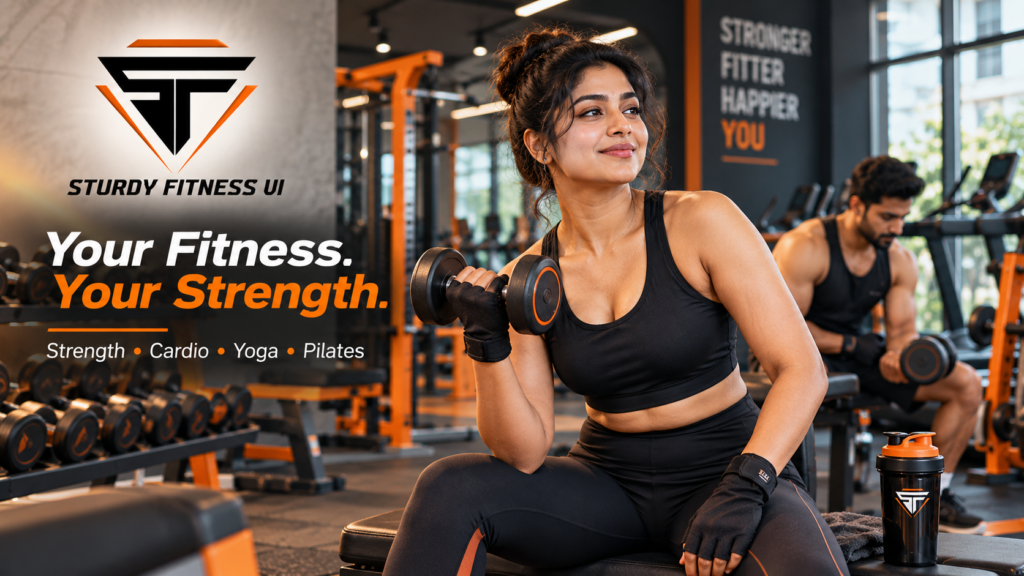 Women GYM in Rajarhat – Sturdy Fitness VI featuring modern gym equipment, strength training, and a woman performing dumbbell exercises.